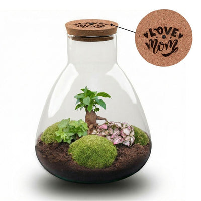 'LOVE MOM' Terrarium Sam + gravierter Kork mit Licht - Flaschengarten DIY Set - Ø 24.5 cm ↑ 30 cm - Muttertag