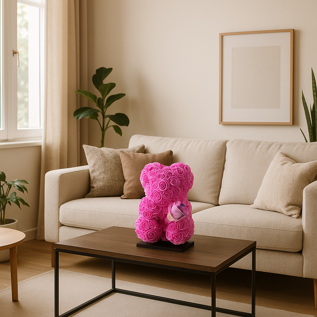 Beer DELUXE auf Ständer 25 cm – Fuchsia Schaumstoff mit Blumenstrauß – in luxuriöser Geschenkverpackung 25 cm