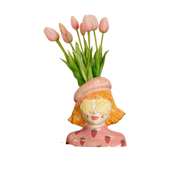 Keramikvase Erdbeer-Mädchen mit 10 pinken Real-Touch Tulpen