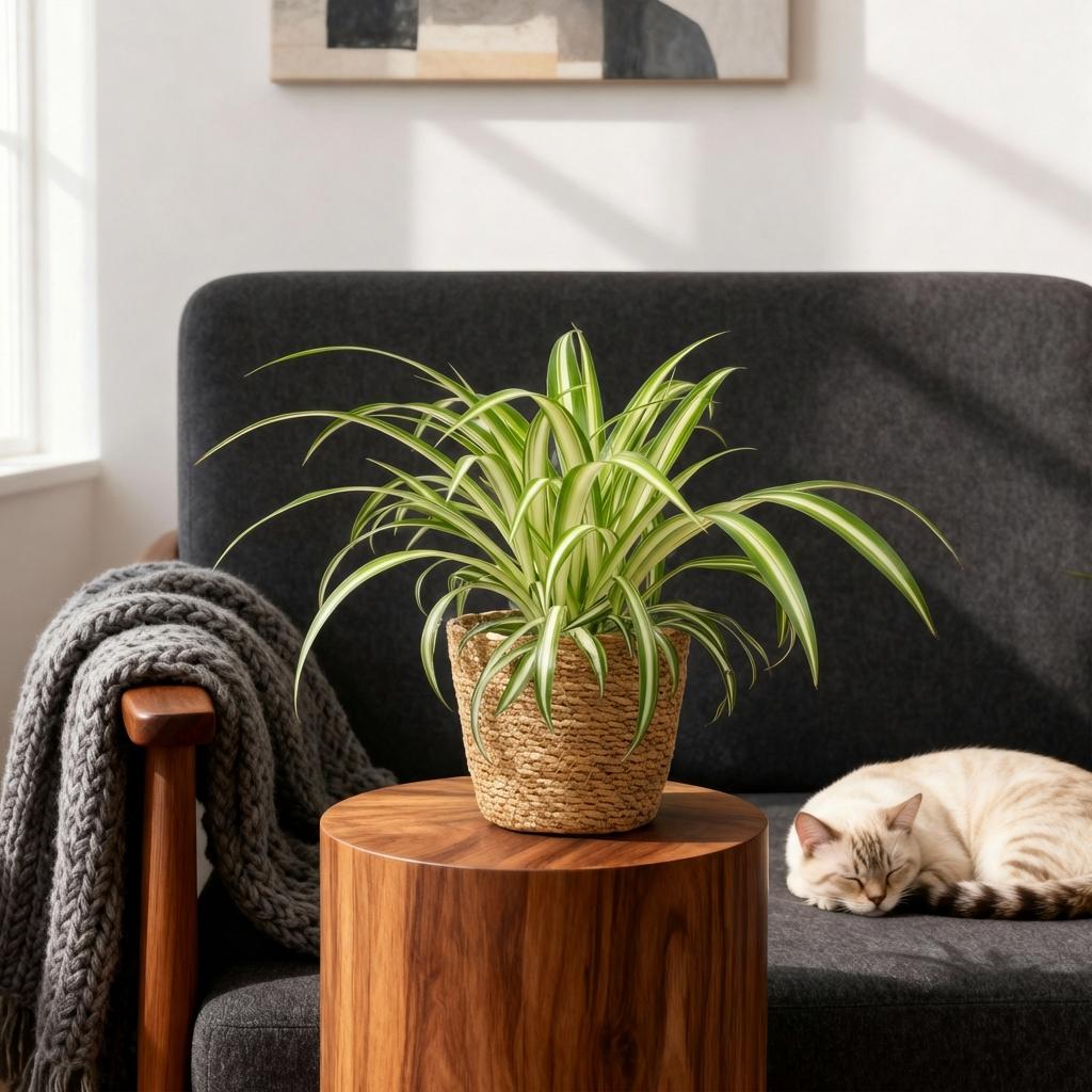 Green boutiQ - Zimmerpflanze - Chlorophytum comosum Variegatum - Bunte Graslilie - Haustierfreundliche Pflanze - Grün - 1 Pflanze - mit Korb - Topf 12cm - Höhe 20cm