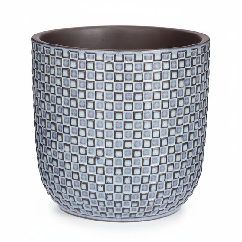 Pot Relief Blauw D13,5 – Eleganter Blumentopf mit geometrischem Muster
