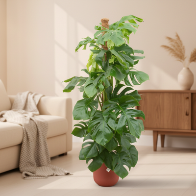 Kombi-Angebot – Monstera Pertusum XL inklusive Topf elho Jazz Round rot Ø26 – 150 cm