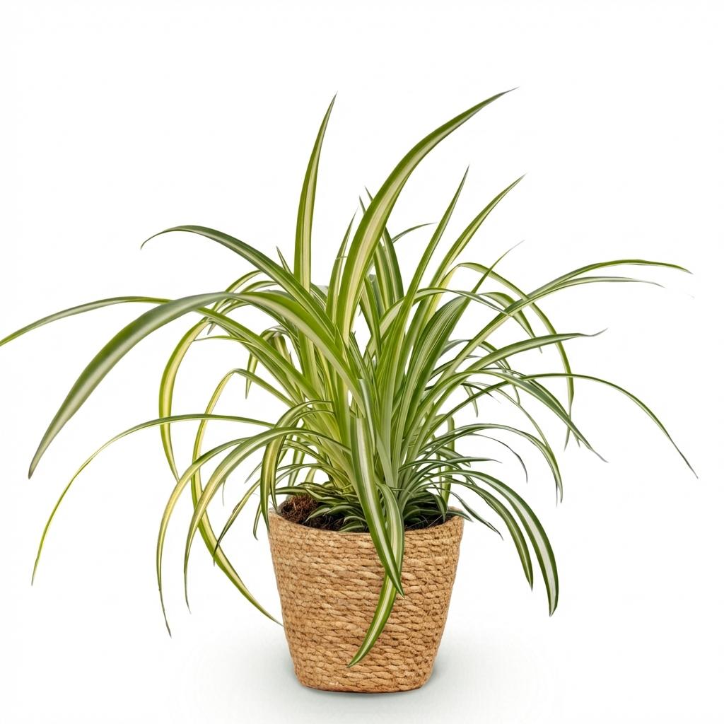 Green boutiQ - Zimmerpflanze - Chlorophytum comosum Variegatum - Bunte Graslilie - Haustierfreundliche Pflanze - Grün - 1 Pflanze - mit Korb - Topf 12cm - Höhe 20cm