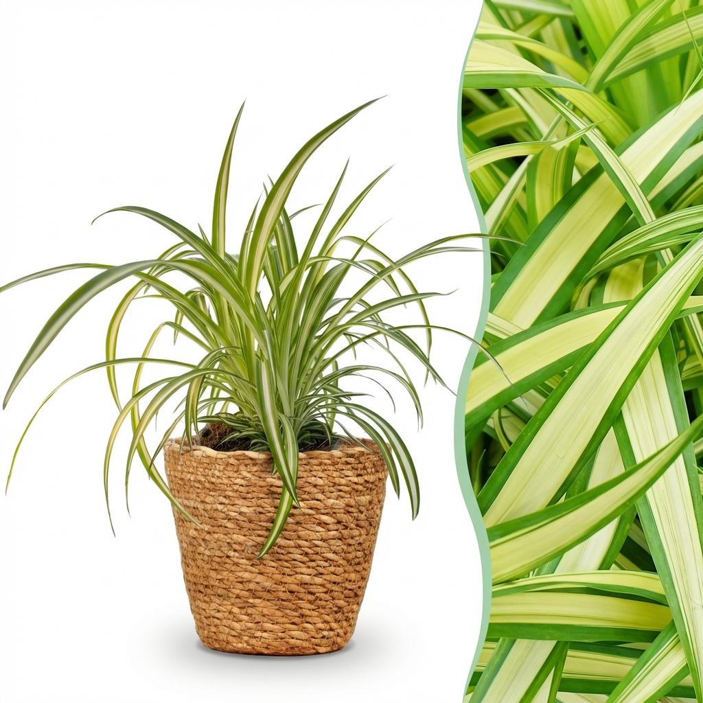 Green boutiQ - Zimmerpflanze - Chlorophytum comosum Variegatum - Bunte Graslilie - Haustierfreundliche Pflanze - Grün - 1 Pflanze - mit Korb - Topf 12cm - Höhe 20cm