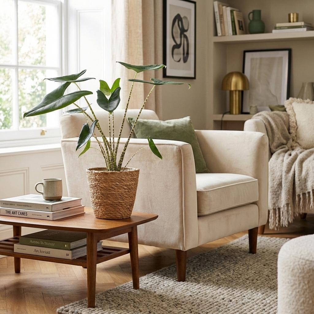 Green boutiQ - Zimmerpflanze - Elefantenohr - Alocasia Zebrina - Grün - Pflegeleicht - 1 Pflanze - inkl. Korb - Topf 21 cm - Höhe 70 - 75 cm