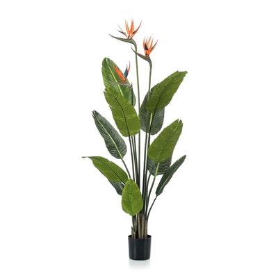 Künstliche Strelitzia (Paradiesvogelblume) 120 cm, orange Blüten, schwarzer Topf