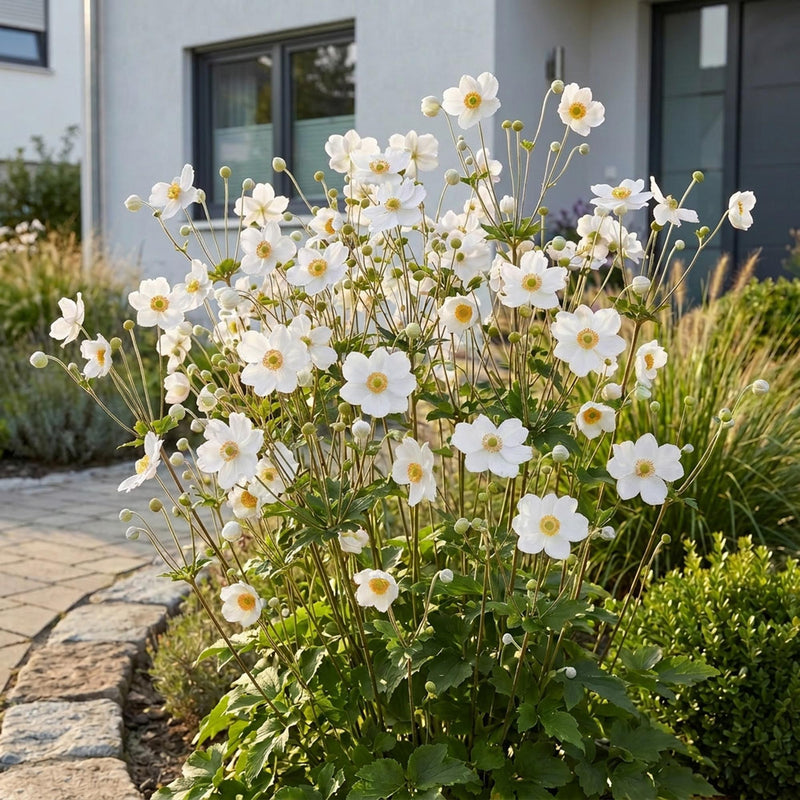 Green boutiQ - Staude - Anemone hybr. Hon. Jobert - Herbst-Anemone - Schatten - Weiß - 1 Pflanze - Topf 11cm - Höhe 15-25cm