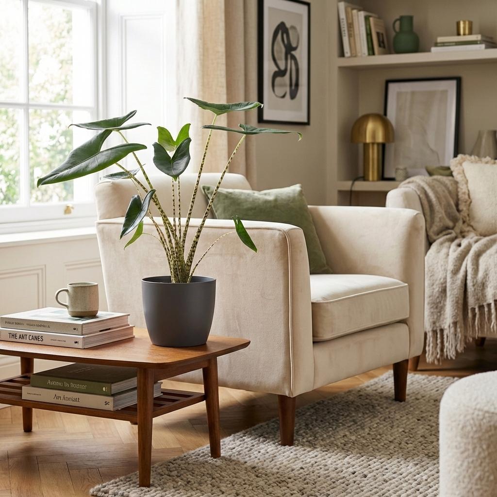 Green boutiQ - Zimmerpflanze - Elefantenohr - Alocasia Zebrina - Grün - Pflegeleicht - 1 Pflanze - mit Potter Grau - Topf 21 cm - Höhe 70 - 75 cm